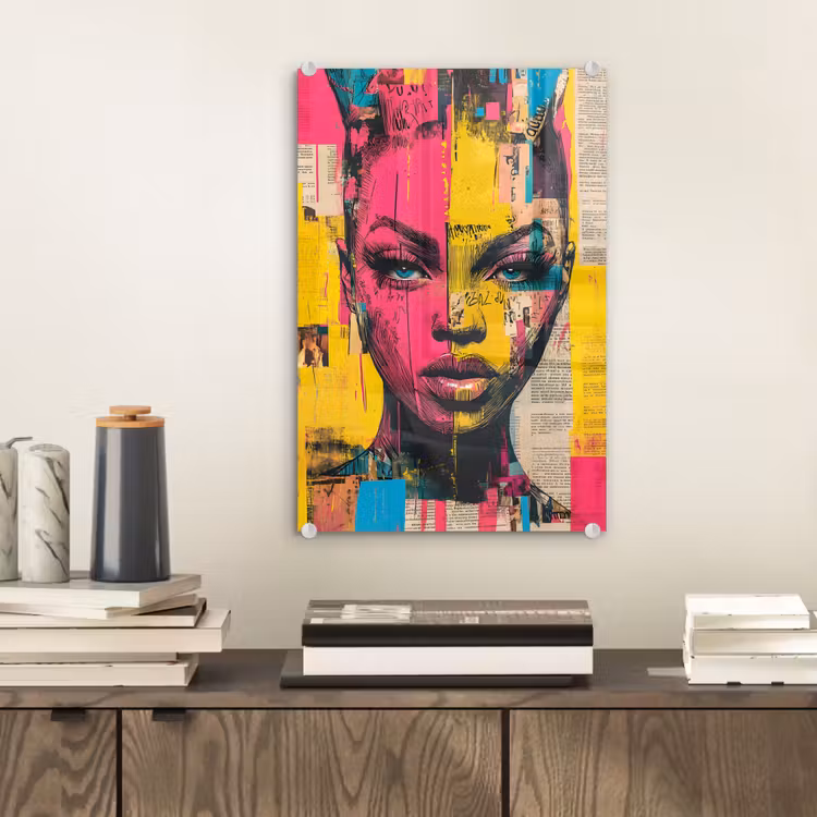 Glas schilderij - Vrouwengezicht - Krantenpapier - Abstract - Roze — 2