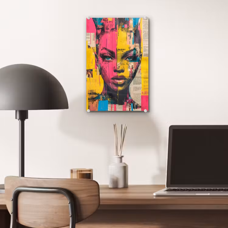 Glas schilderij - Vrouwengezicht - Krantenpapier - Abstract - Roze — 7