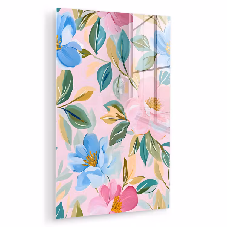 Glas schilderij - Blauw - Roze - Bloemen — 1