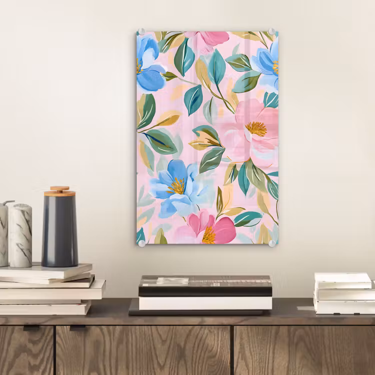 Glas schilderij - Blauw - Roze - Bloemen — 2