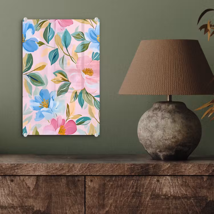 Glas schilderij - Blauw - Roze - Bloemen — 4