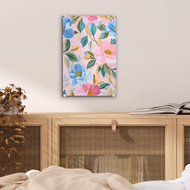 Glas schilderij - Blauw - Roze - Bloemen — 5
