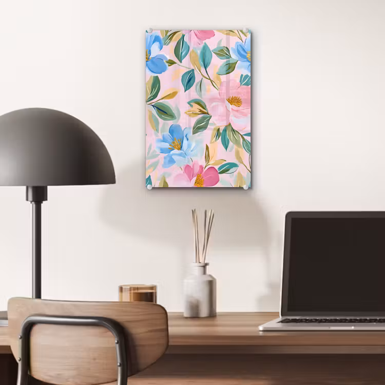 Glas schilderij - Blauw - Roze - Bloemen — 7