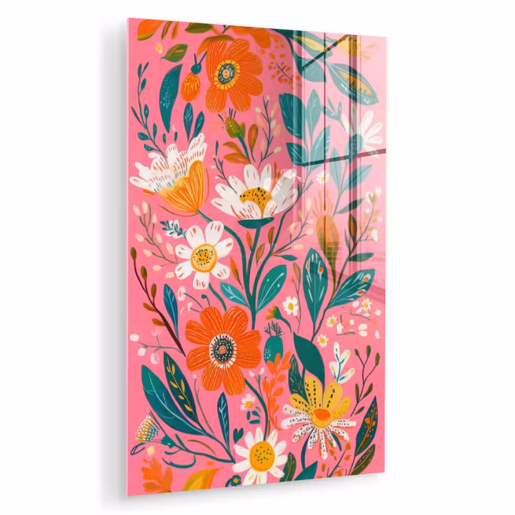 Glas schilderij - Roze - Bloemen - Wit - Oranje — 1