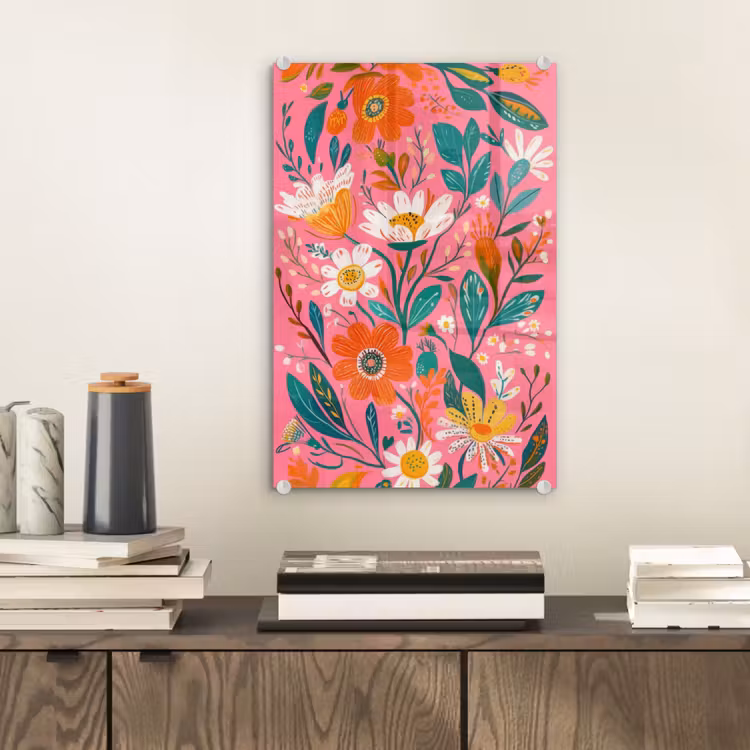 Glas schilderij - Roze - Bloemen - Wit - Oranje — 2