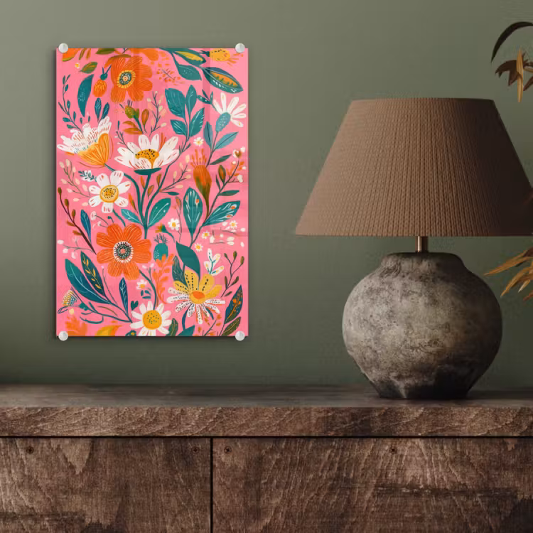 Glas schilderij - Roze - Bloemen - Wit - Oranje — 4