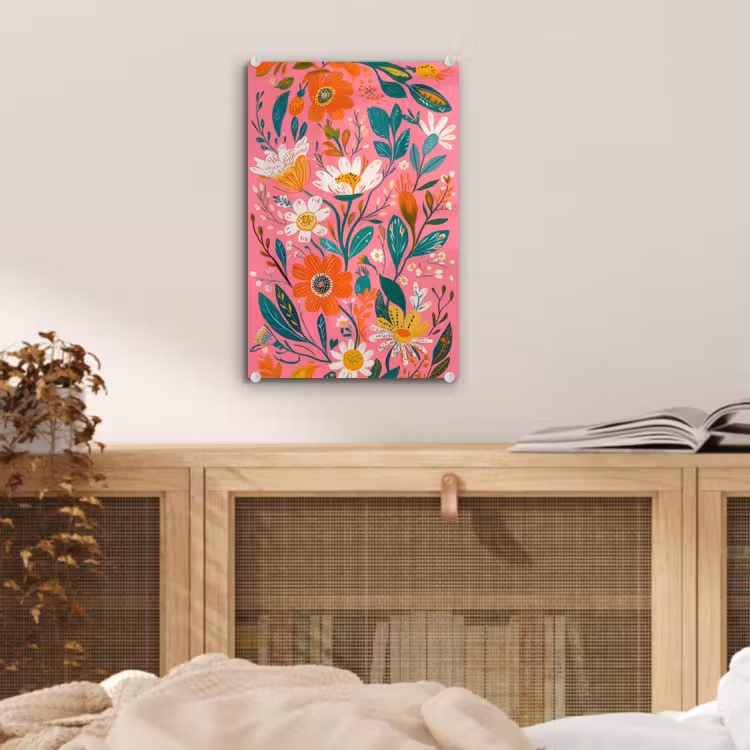 Glas schilderij - Roze - Bloemen - Wit - Oranje — 5