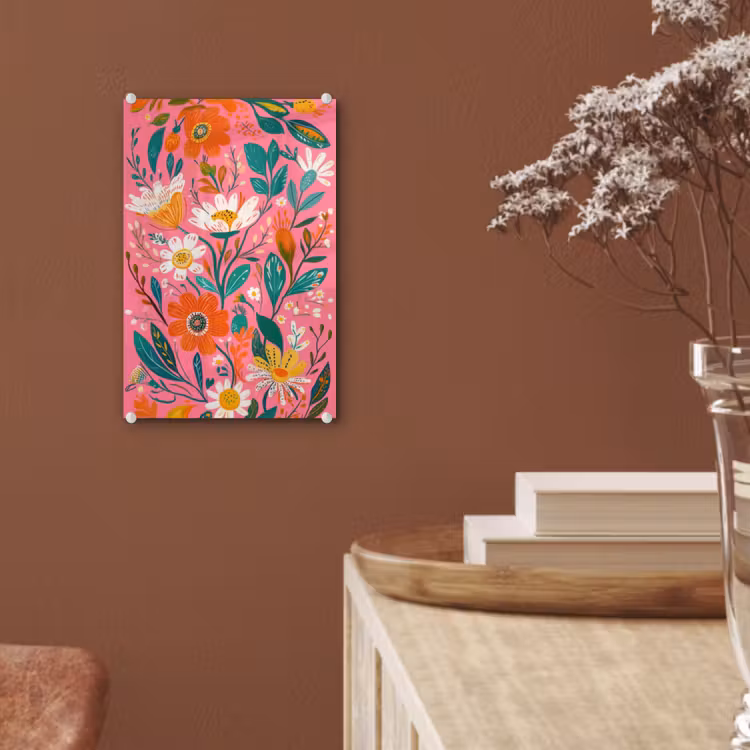 Glas schilderij - Roze - Bloemen - Wit - Oranje — 6