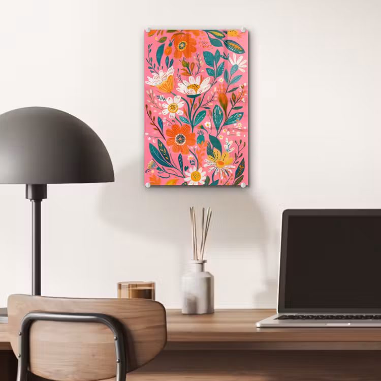 Glas schilderij - Roze - Bloemen - Wit - Oranje — 7