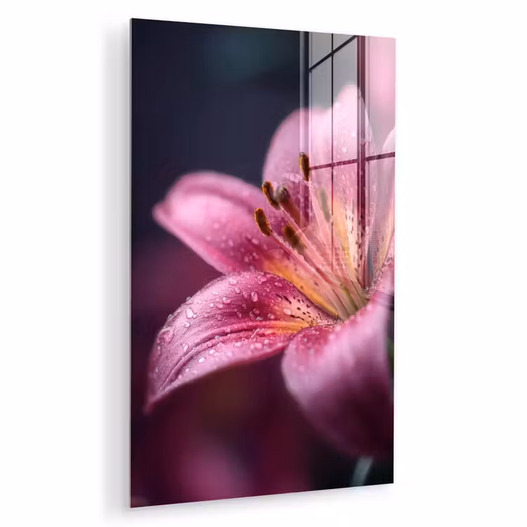 Glas schilderij - Roze - lelie - Dauwdruppels — 1