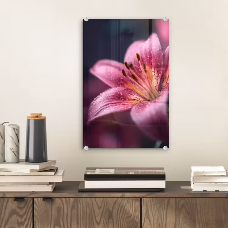 Glas schilderij - Roze - lelie - Dauwdruppels — 2