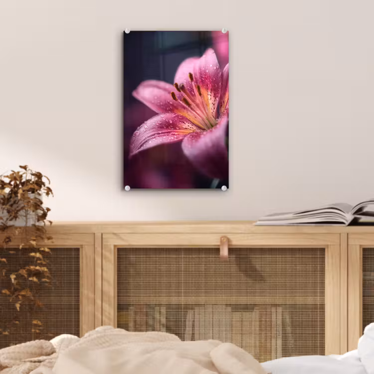 Glas schilderij - Roze - lelie - Dauwdruppels — 5