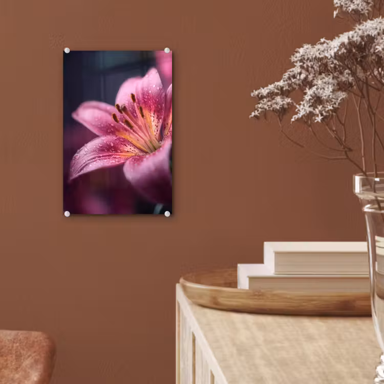 Glas schilderij - Roze - lelie - Dauwdruppels — 6