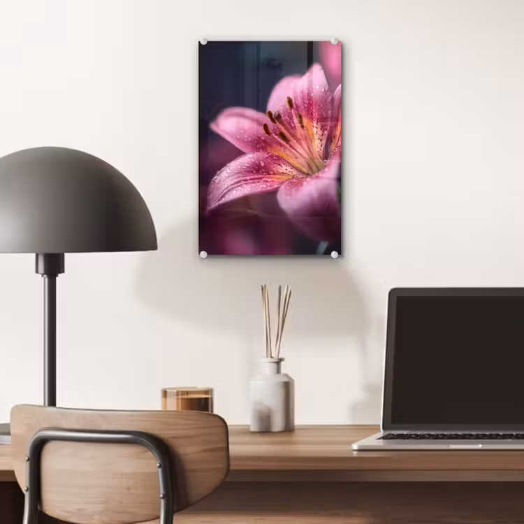 Glas schilderij - Roze - lelie - Dauwdruppels — 7