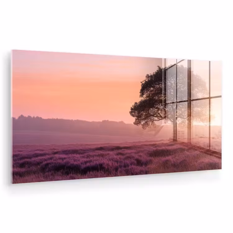 Glas schilderij - Boom - Heide - Zonsopgang — 1