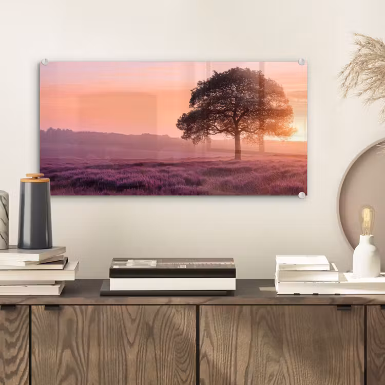 Glas schilderij - Boom - Heide - Zonsopgang — 2