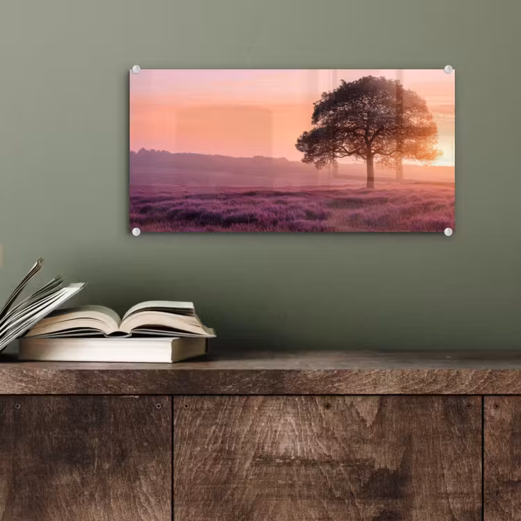 Glas schilderij - Boom - Heide - Zonsopgang — 4
