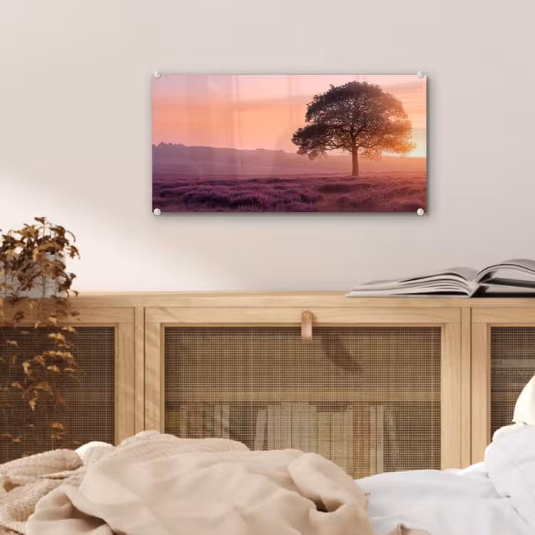 Glas schilderij - Boom - Heide - Zonsopgang — 5