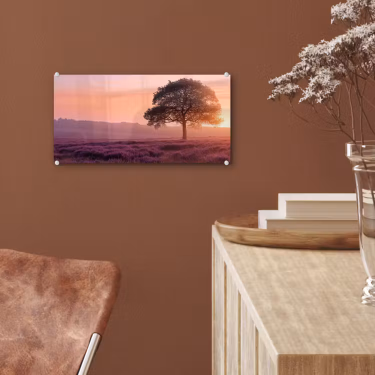Glas schilderij - Boom - Heide - Zonsopgang — 6