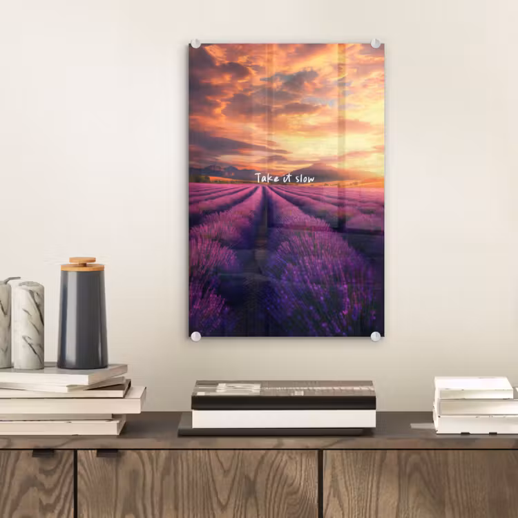 Glas schilderij - Lavendelveld - Quote - Zonsondergang — 2