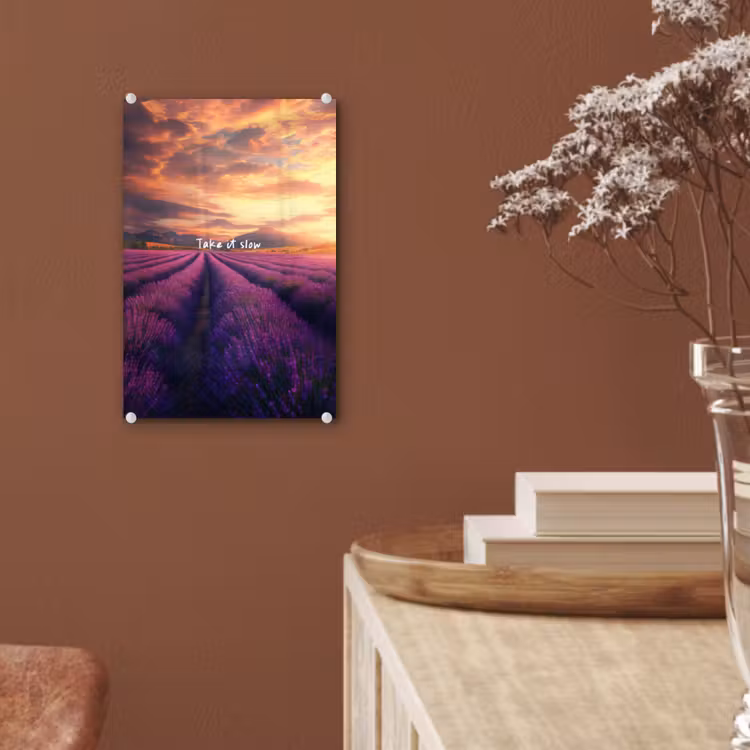 Glas schilderij - Lavendelveld - Quote - Zonsondergang — 6