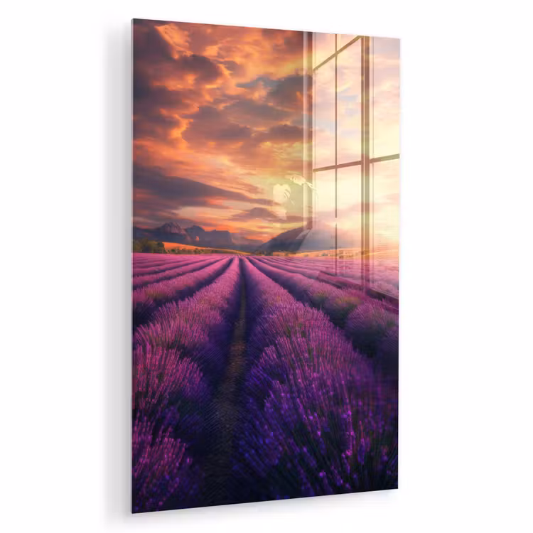 Glas schilderij - Lavendelveld - Zonsondergang - Paars — 1