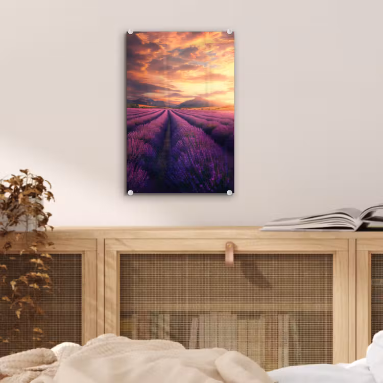 Glas schilderij - Lavendelveld - Zonsondergang - Paars — 5