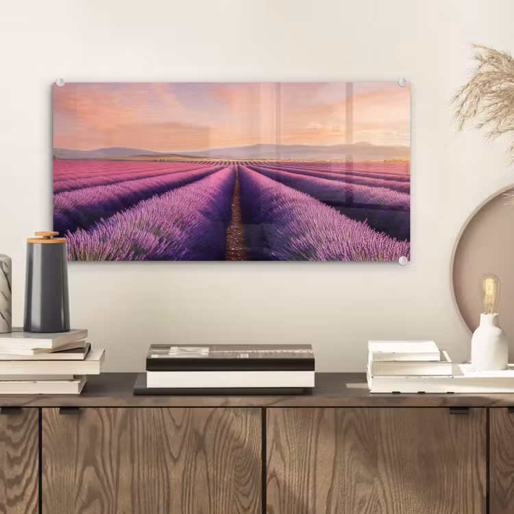 Glas schilderij - Lavendelveld - Zonsondergang - Paars - Bloemen — 2