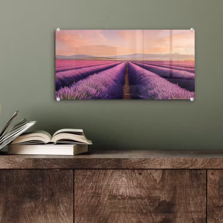 Glas schilderij - Lavendelveld - Zonsondergang - Paars - Bloemen — 4
