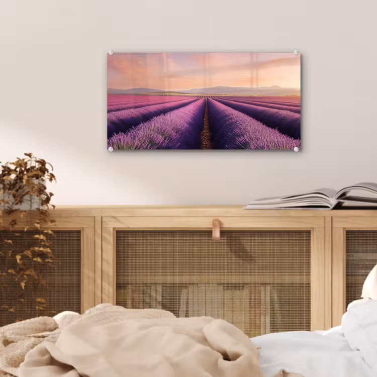 Glas schilderij - Lavendelveld - Zonsondergang - Paars - Bloemen — 5