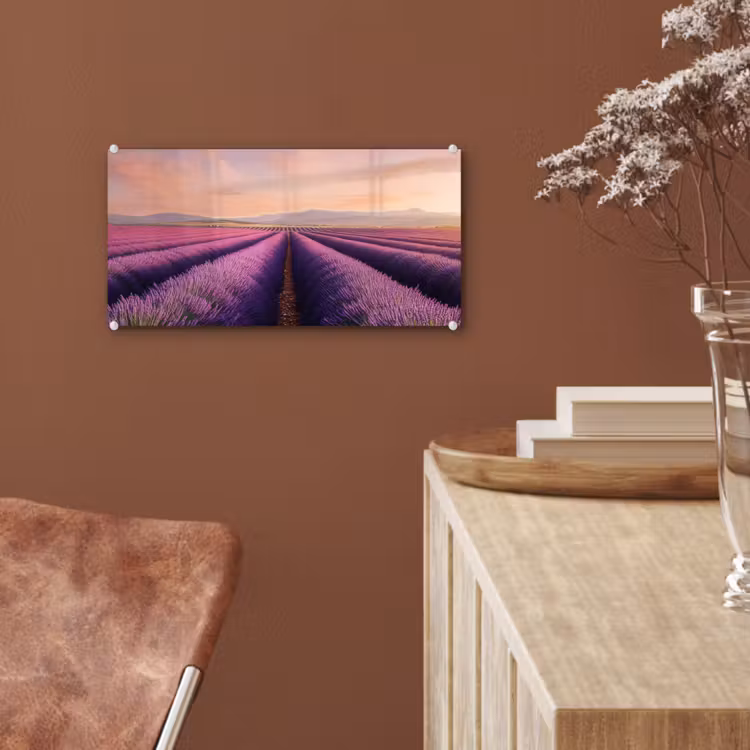 Glas schilderij - Lavendelveld - Zonsondergang - Paars - Bloemen — 6