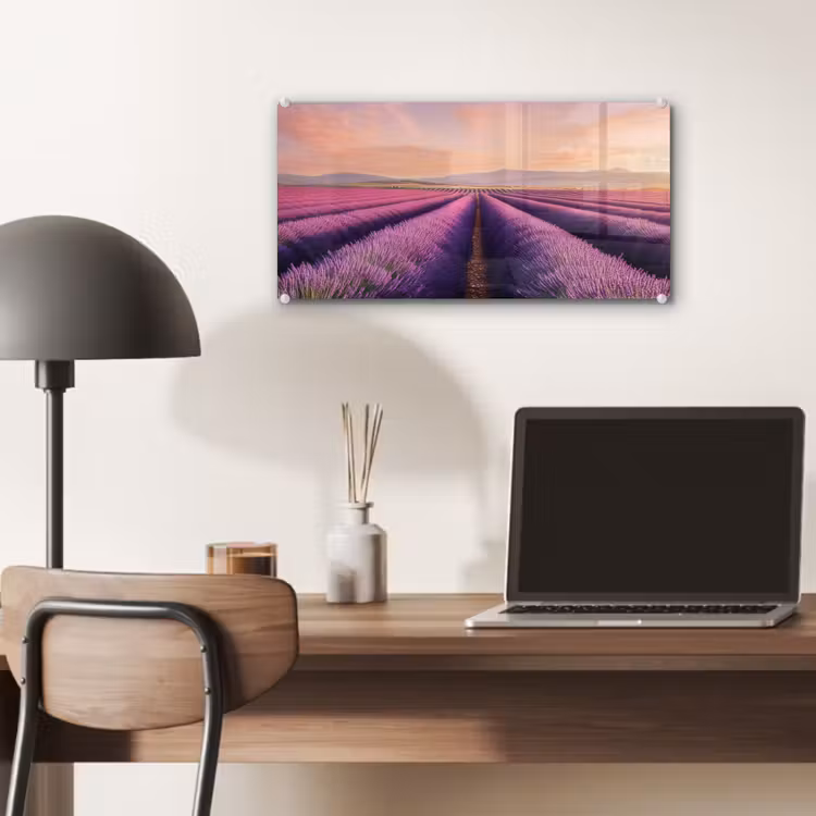 Glas schilderij - Lavendelveld - Zonsondergang - Paars - Bloemen — 7