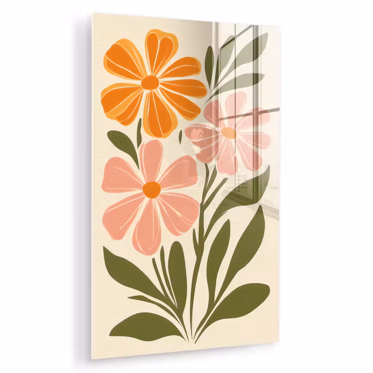 Glas schilderij - Minimalistisch - Bloemen - Bladeren - Roze — 1