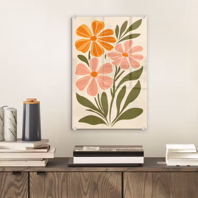 Glas schilderij - Minimalistisch - Bloemen - Bladeren - Roze — 2