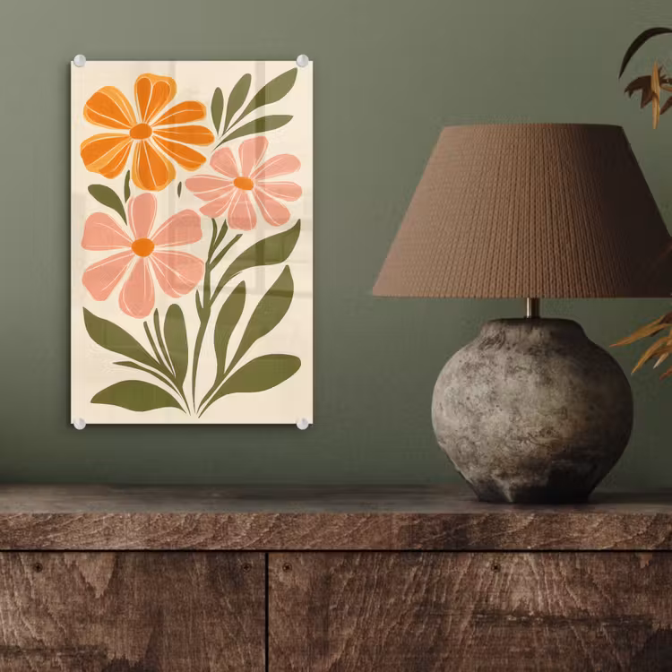 Glas schilderij - Minimalistisch - Bloemen - Bladeren - Roze — 4