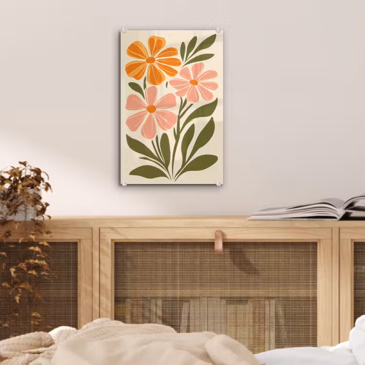 Glas schilderij - Minimalistisch - Bloemen - Bladeren - Roze — 5