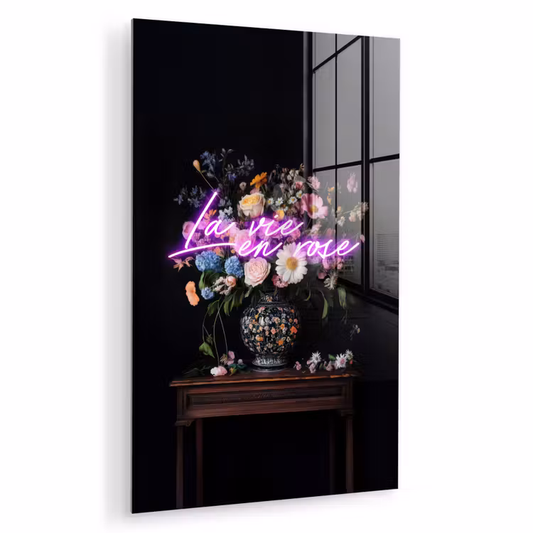 Glas schilderij - Neon - Vaas - Bloemen — 1