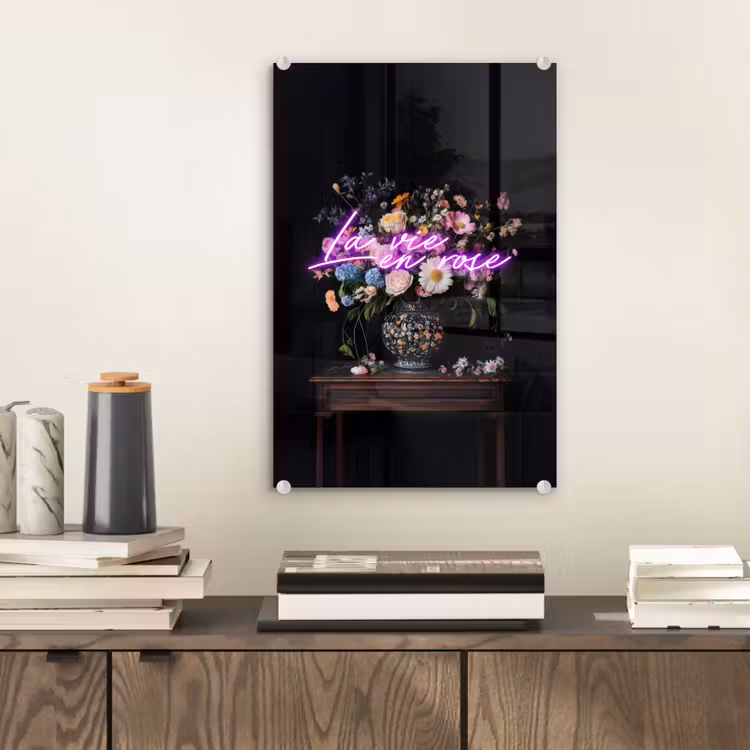 Glas schilderij - Neon - Vaas - Bloemen — 2