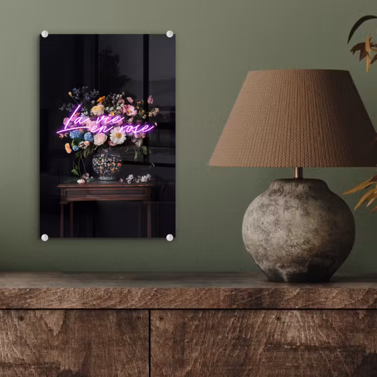 Glas schilderij - Neon - Vaas - Bloemen — 4