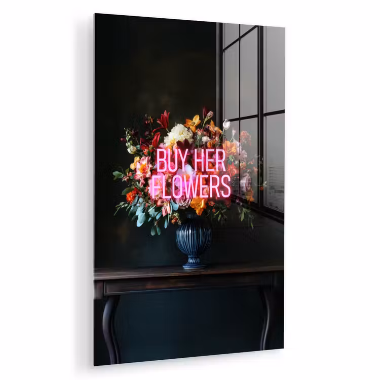 Glas schilderij - Quote - Bloemen - Vaas - Neon — 1
