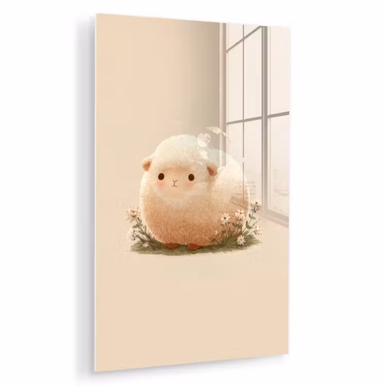 Glas schilderij - Schaap - Beige - Bloemen — 1