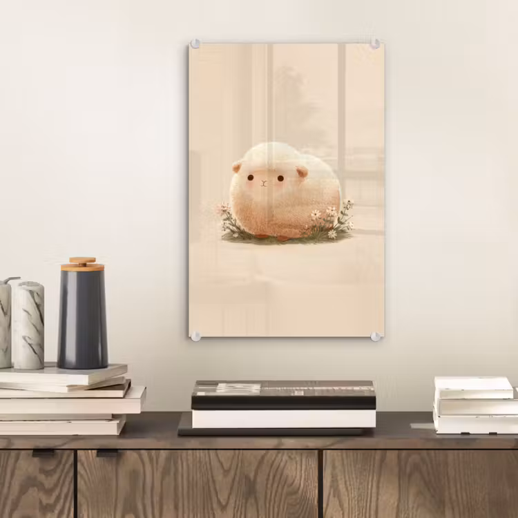 Glas schilderij - Schaap - Beige - Bloemen — 2