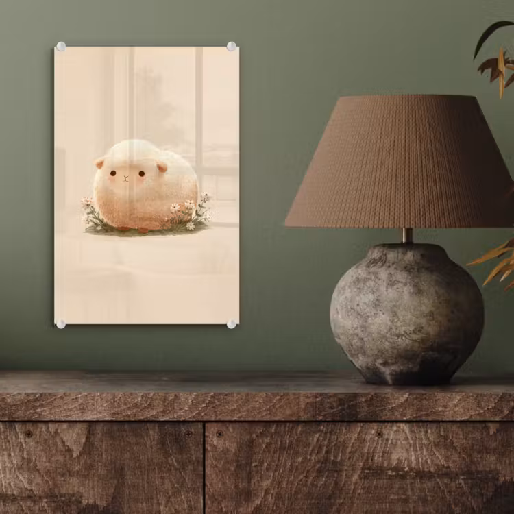Glas schilderij - Schaap - Beige - Bloemen — 4