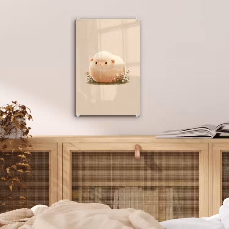 Glas schilderij - Schaap - Beige - Bloemen — 5