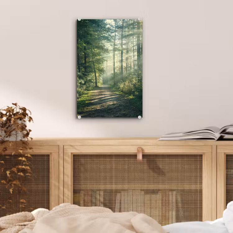 Glas schilderij - Bos - Pad - Zon - Bomen - Groen - Natuur — 5