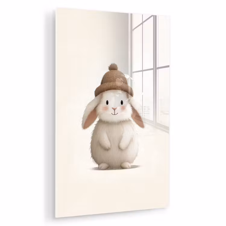 Glas schilderij - Konijn - Muts - Oren - Beige — 1