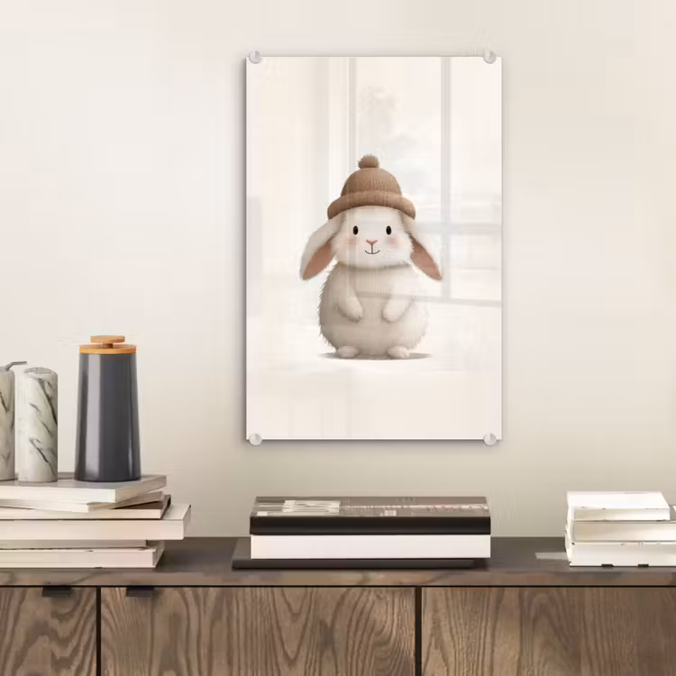 Glas schilderij - Konijn - Muts - Oren - Beige — 2