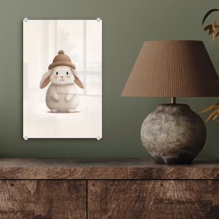 Glas schilderij - Konijn - Muts - Oren - Beige — 4