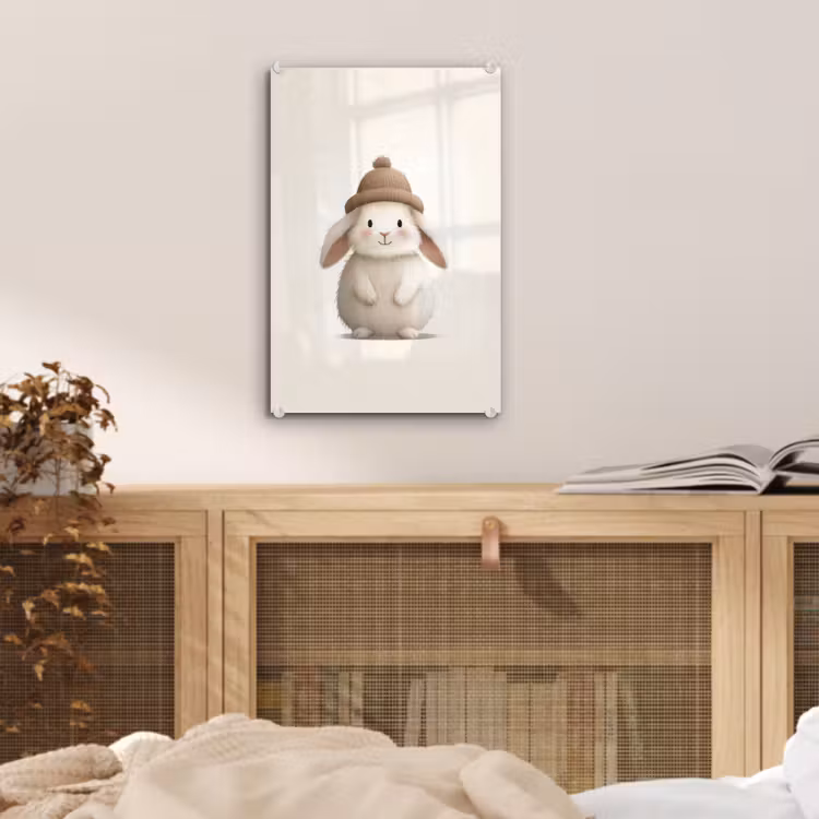 Glas schilderij - Konijn - Muts - Oren - Beige — 5
