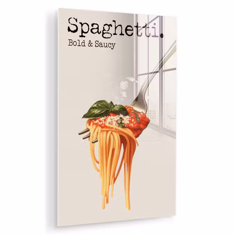 Glas schilderij - Spaghetti - tomatensaus - Parmezaanse kaas — 1
